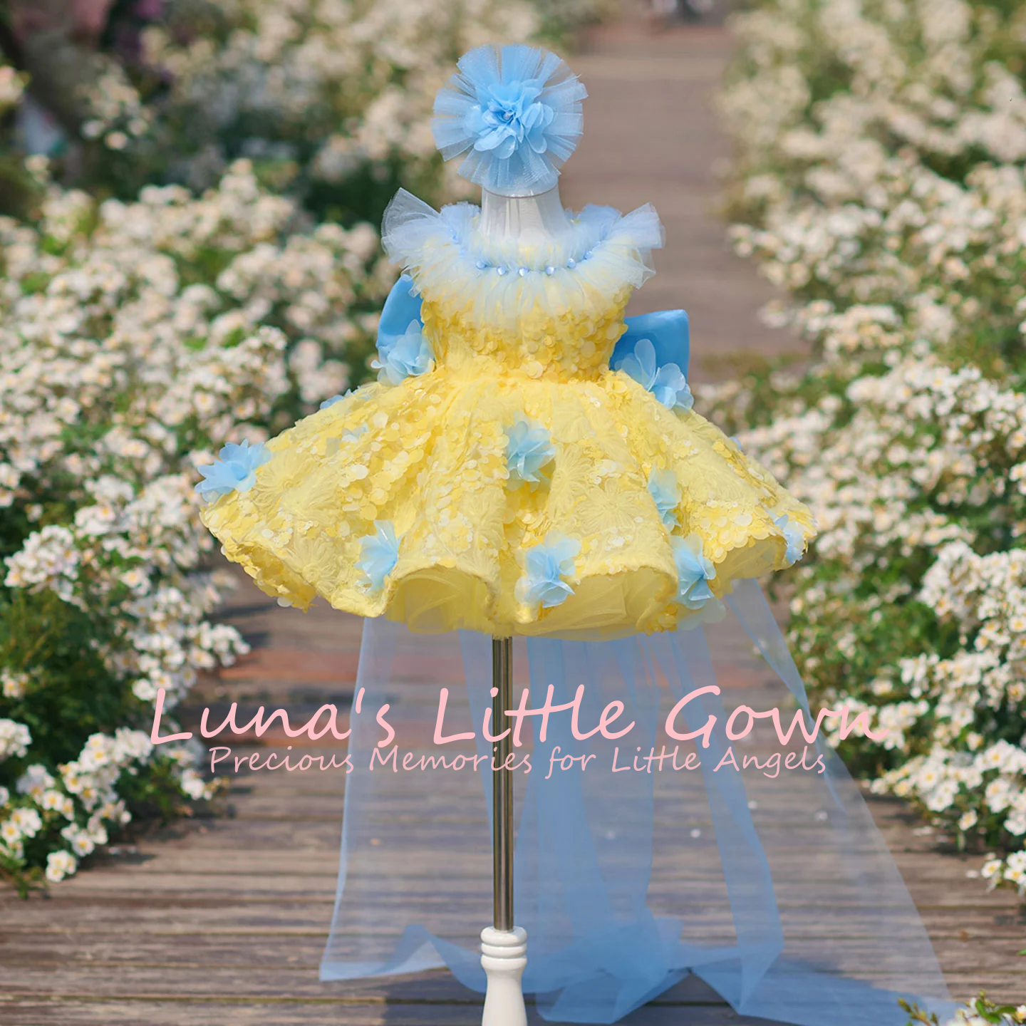 Embroidery Yellow Flower - Yellow & Sky Blue Off‑Shoulder Ruffle
