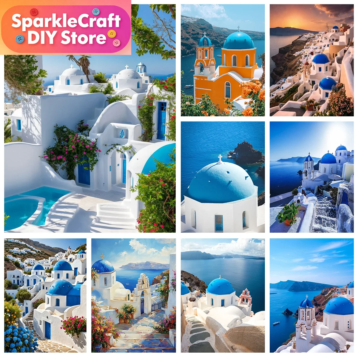 Embroidery Handicraft - 1pc frameless Aegean Sea Blue House