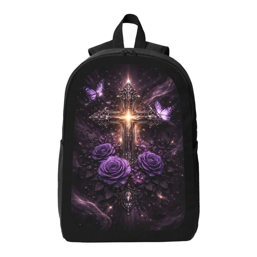 Embroidery Rose - Dark Gothic Cross Backpack With Purple