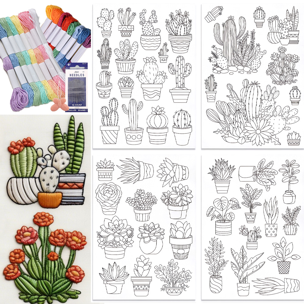 Embroidery Flower Pattern - 48Pcs Cactus Embroidery Self-Adhesive Kit, Water-Soluble