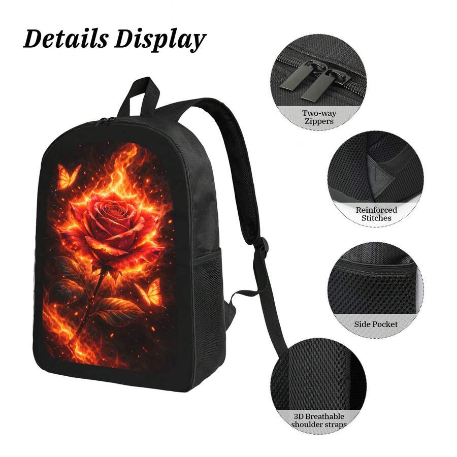 Flame Rose Print Backpack Styl – Embroidery Rose Bewertung und Preis