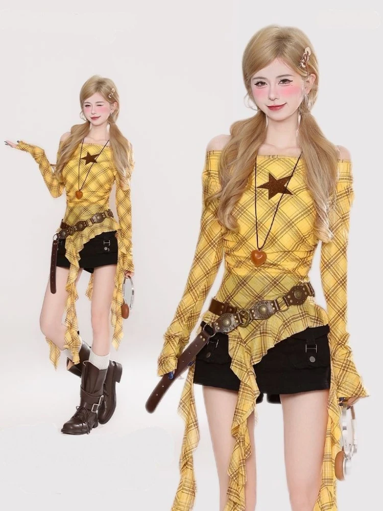 Y2K Plaid Slash Neck Vintage T – Embroidery Fashion Bewertung und Preis