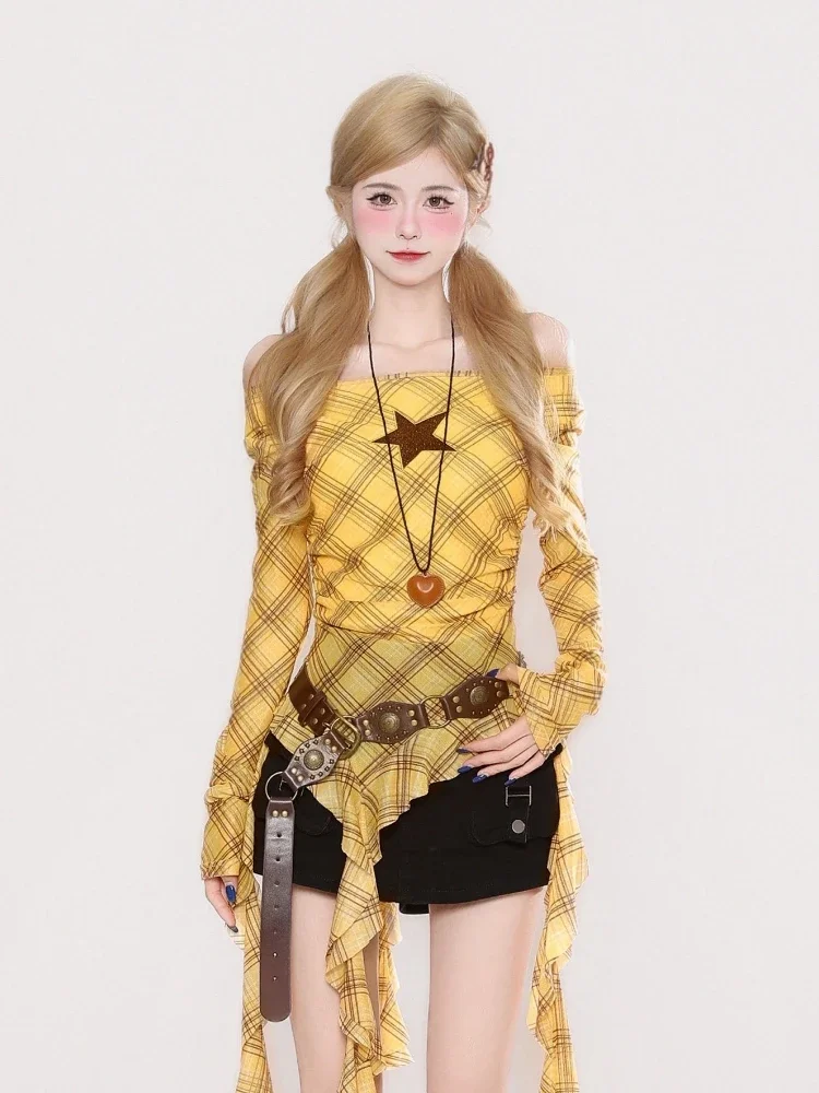 Y2K Plaid Slash Neck Vintage T – Embroidery Fashion Bewertung und Preis